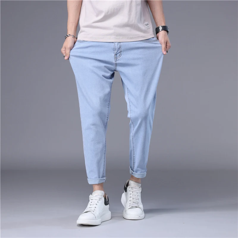 Men's Streetwear Skinny Solid Color Blue Black Jeans Korean Stretch Soft Classic Casual Denim Trousers Nine Lengths Pants