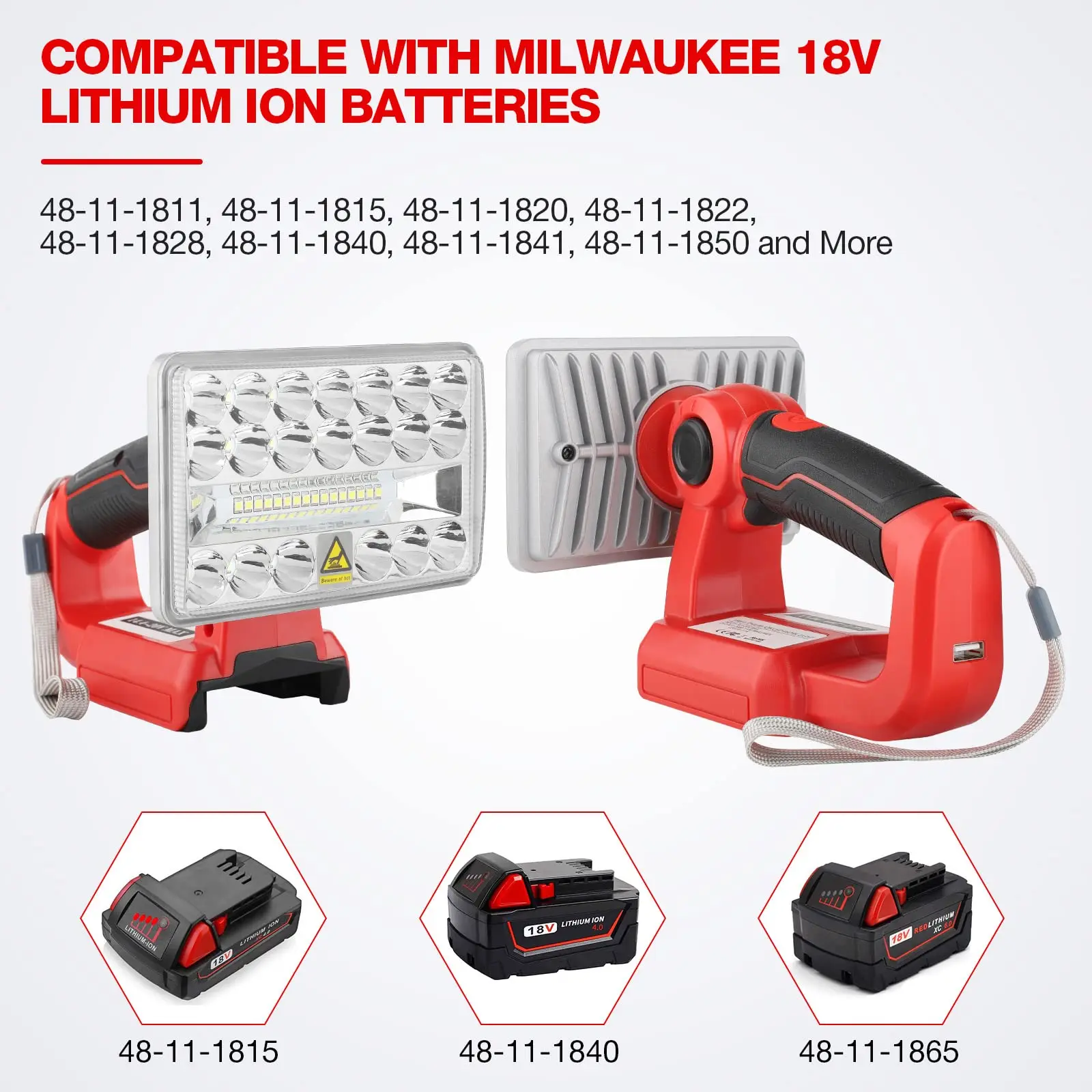 

LED Work Light Flashlight For Milwaukee m18 18V Battery 18w 2000lm Portable Flood Light with USB-A Port for Jobsite Camping Car