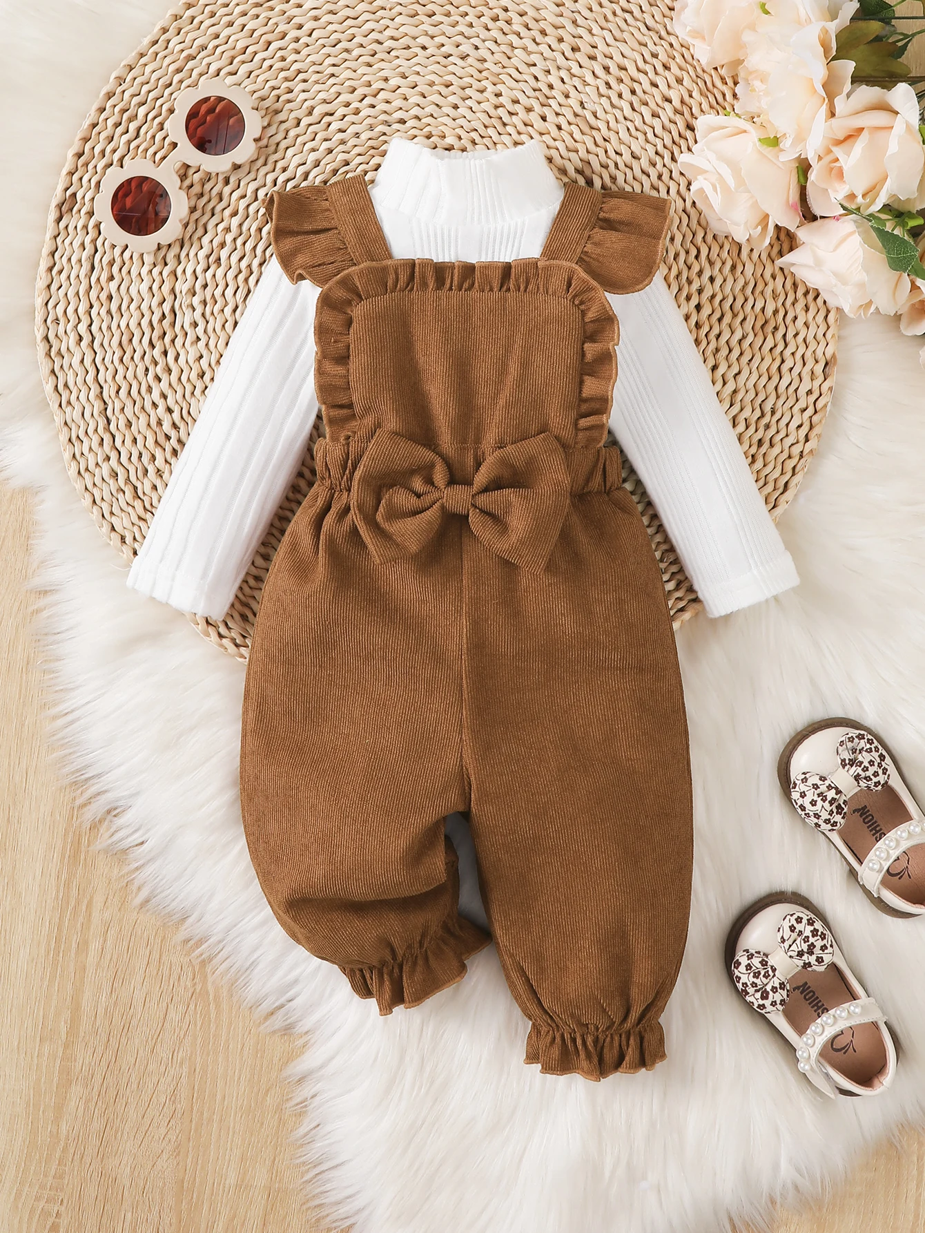 

Зимний комплект из 2 предметов для маленьких девочек 0-2 лет, топ с длинными рукавами и брюки на бретелях