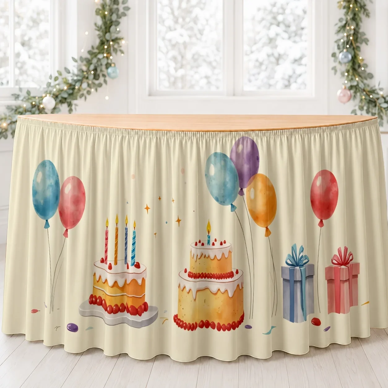2D FLAT1 piece table skirt - Birthday celebration table skirt - Printed polyester - Festive colors - Happy decoration party
