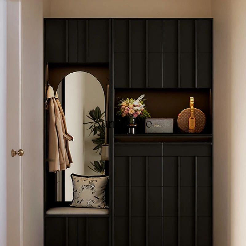 

Medieval style solid wood entry shoe cabinet entrance integrated shoe change stool clothing and hat mirror partition storage