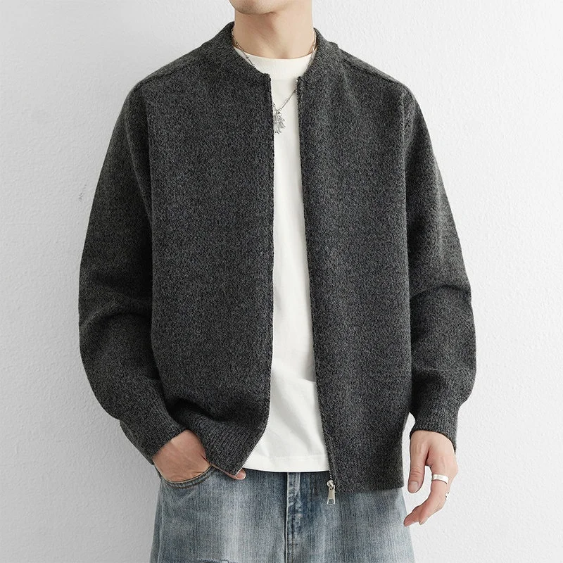 

Heavyweight Zipper Cardigan Jacket Men's Spring Autumn 2026 Casual Knitted Sweater Pure Color Henry Collar Baseball Jacket