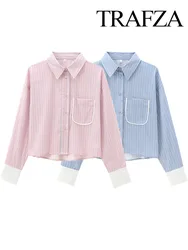 TRAFZA Women Fashion Blouses Solid Stripe Turn-Down Collar Long Sleeve Pocket Single Breasted Female Autumn Casual Shirts