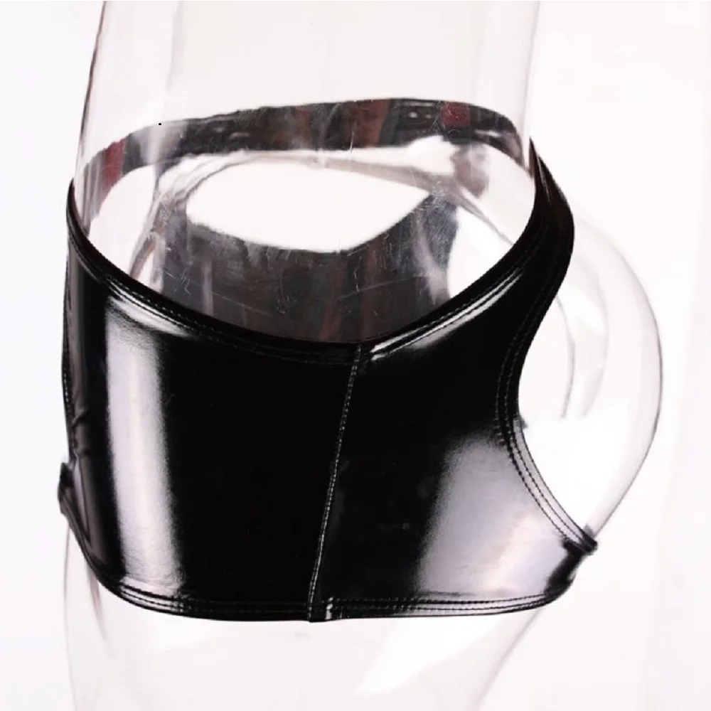 النساء Crotchless الملاكمين PVC فو الجلود سراويل مع حلقة سحب الخصر مشرق الجبهة الخلفية الجوف خارج الملاكمين الصغيرة سيور الملابس الداخلية