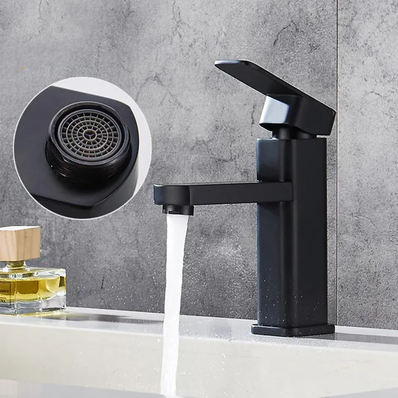 Bathroom Basin Faucet Stainless Steel Fashion Black Copper Bottom Square Single Hole Baking Paint Cold Hot Sink Taps