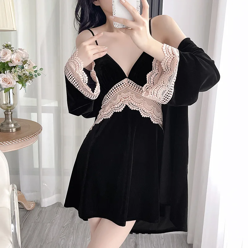 Golden Velvet Pajamas Three-Piece Female Autumn and Winter Long-Sleeved Robe Set Sexy Lace Sling Pajamas Nightgowns Homewear