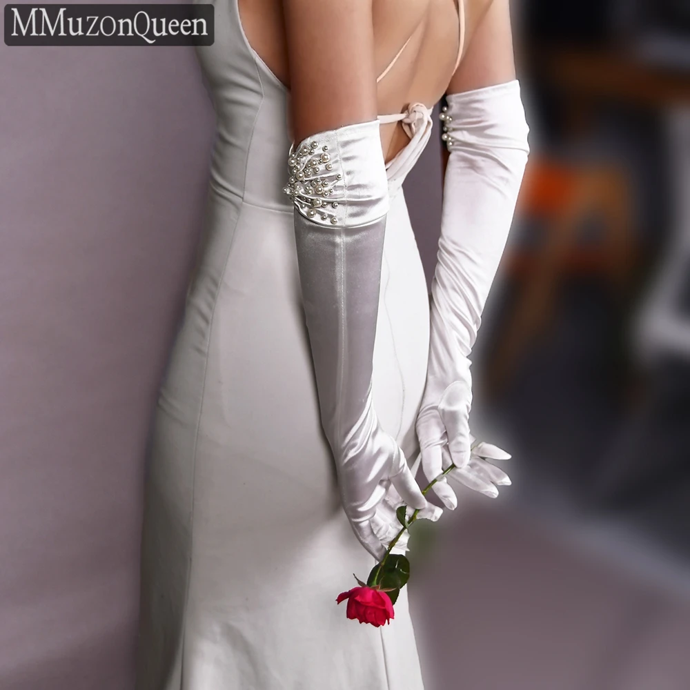 MMQ MM08 Wedding White Satin Gloves Women\'s Dress Pearls Long Gloves Elegant Evening Accessories DIY Customized Glove