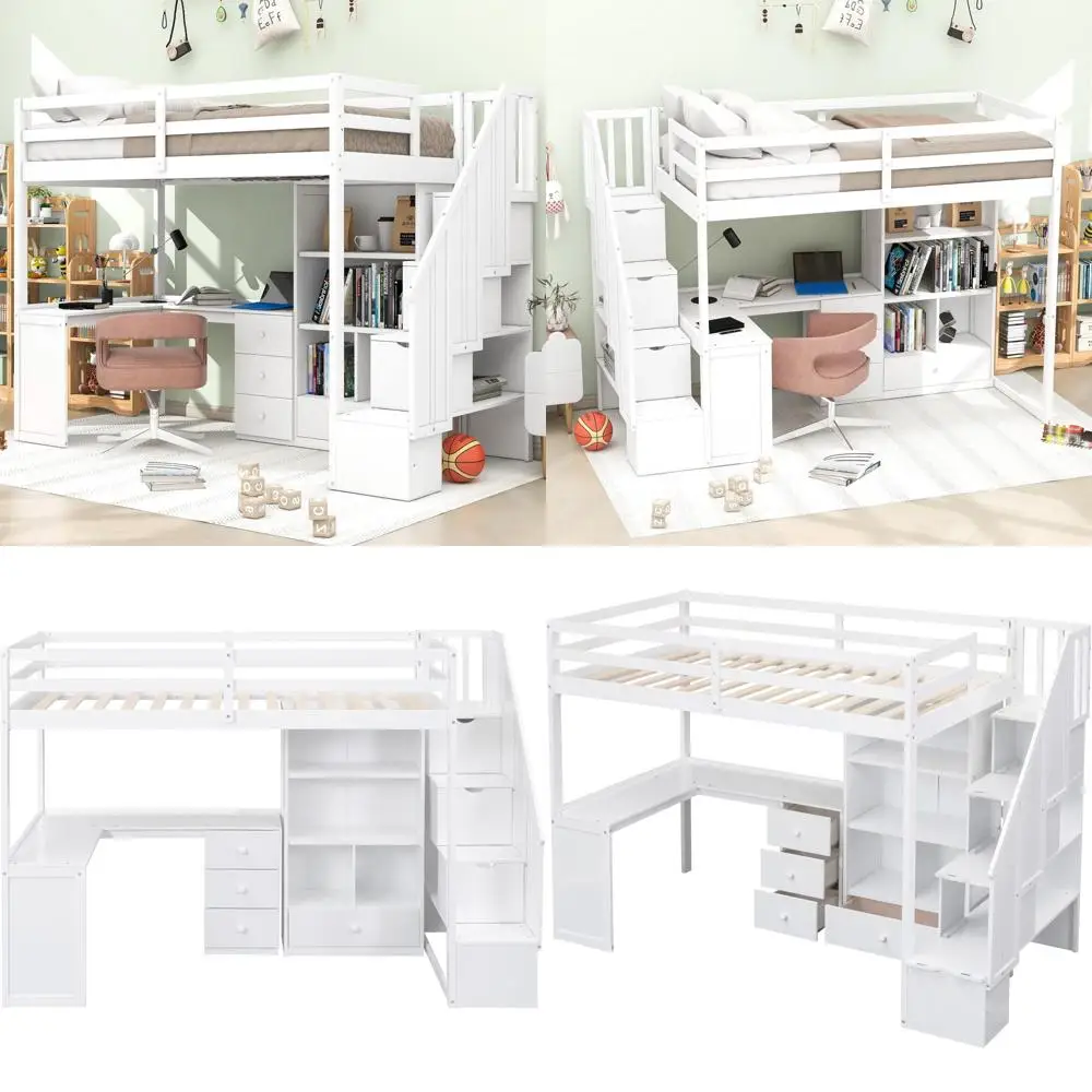 

Twin Size Wood Loft Bed with Desk and Staircase Storage Drawers and Shelves