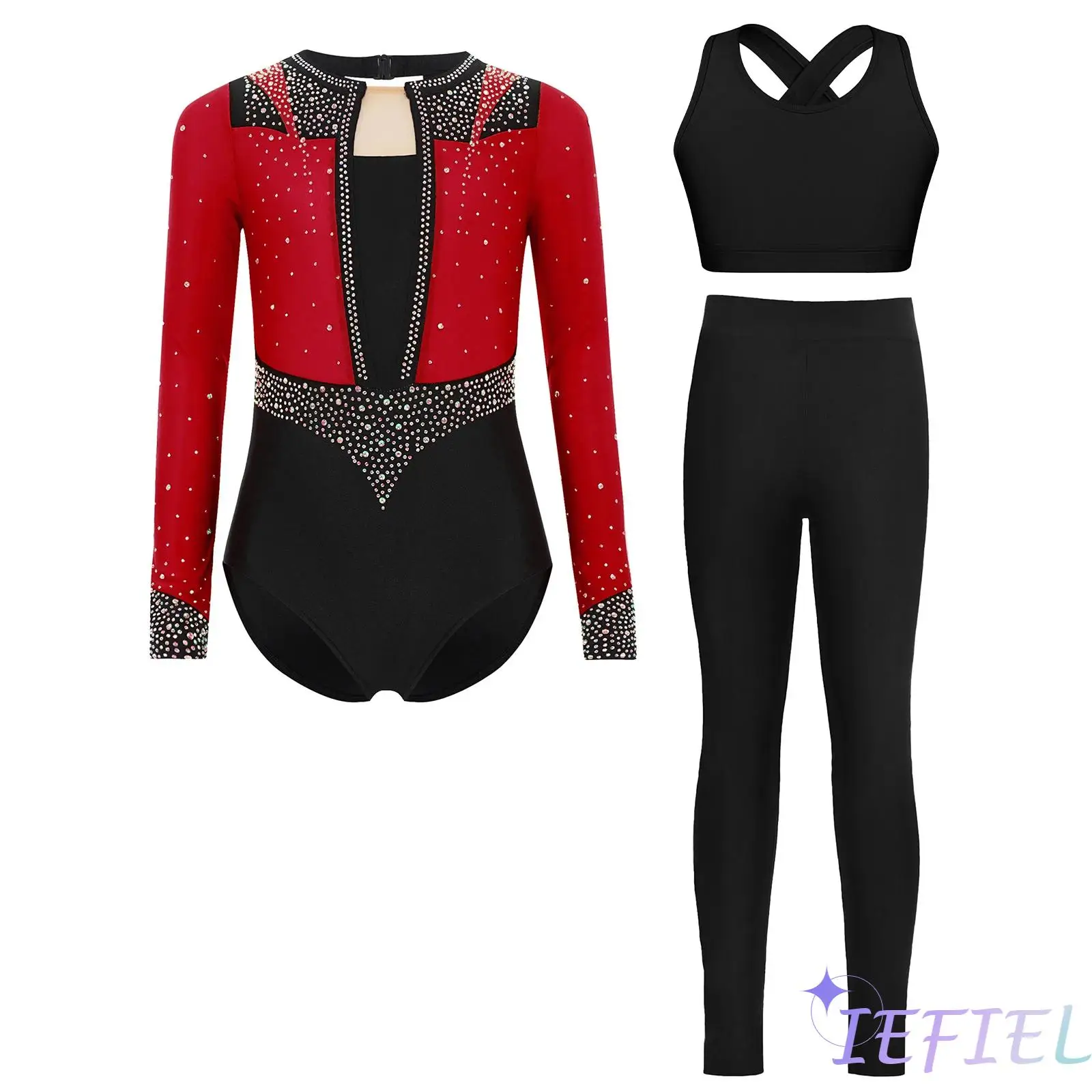 Kinder Mädchen 3-teiliges Gymnastik-Ballett-Tanz-Trikot-Outfit, langärmelig, Schlüsselloch-Rücken, glänzender Patchwork-Trikot + Weste, Top + Leggings-Set