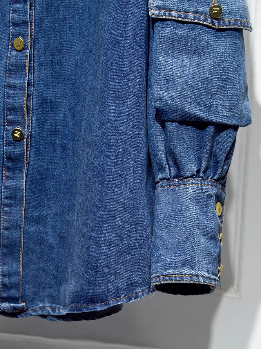 StreetWear Pocket Lapel Mid-Length Denim Shirt Top Women 2022 Spring New Clothes Loose Slimming All-Matching Blue Blouse Coat