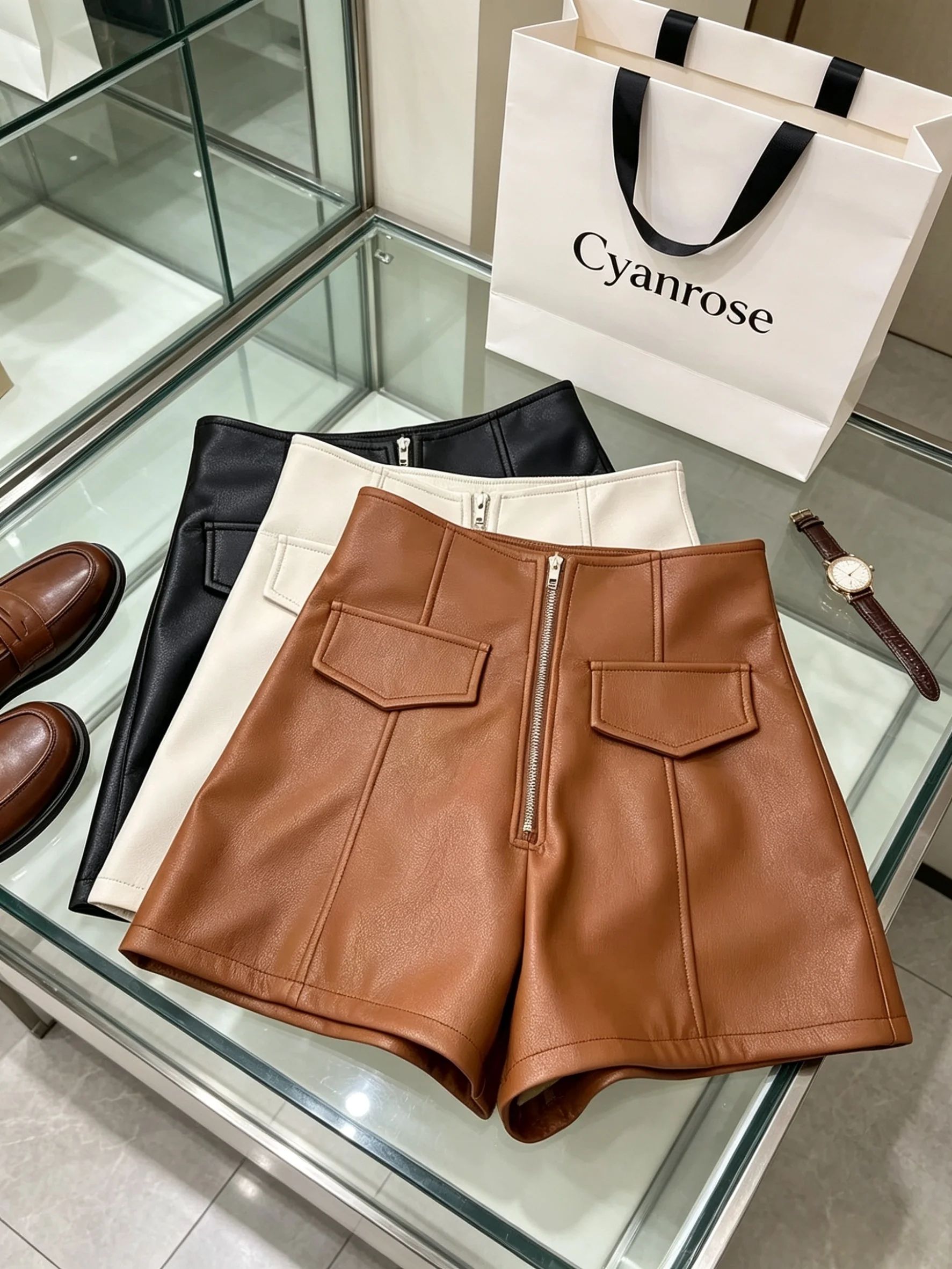 Women's Brown Micro Leather Shorts Vintage Fashion High Waist Mini Hot Shorts Pants Y2K Gyaru Wide Leg A-Line Shorts Summer 2026