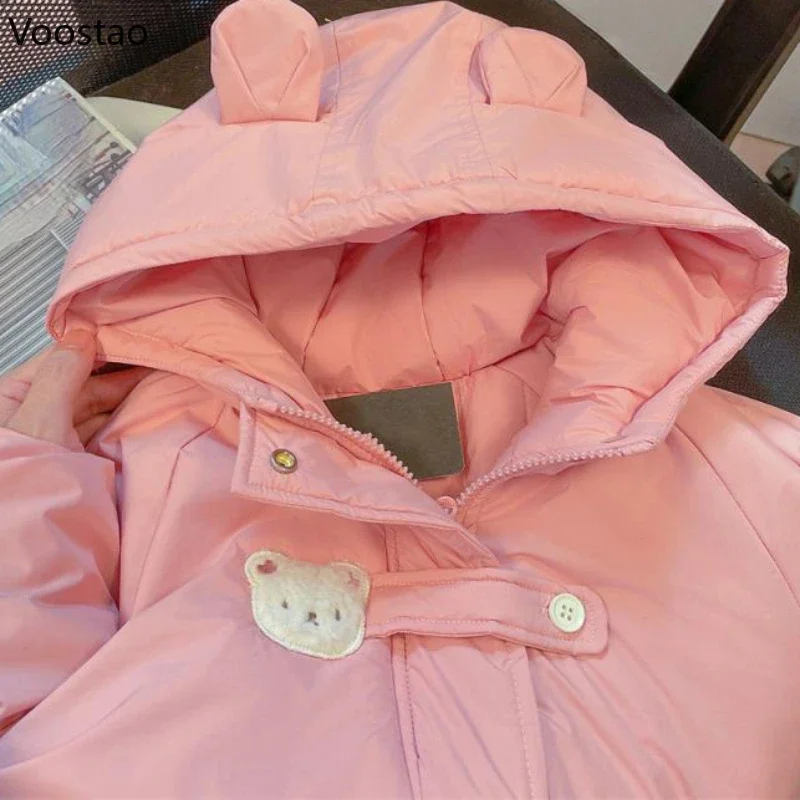 Sweet Lolita Parkas Women Long Sleeve Kawaii Winter Bear Ear Hooded Coats Patchwork Casual Chic Pink Jacket Female Ropa Mujer