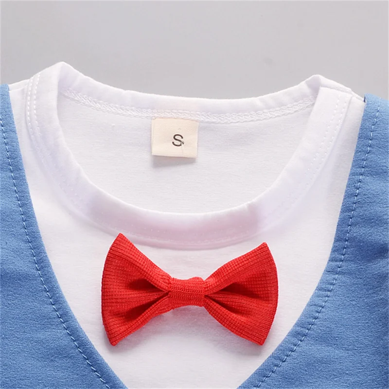 2PCS Baby Set Summer Children\'s Bowtie Gentleman Denim Vest Faux Two-piece Short Sleeve Shorts Set