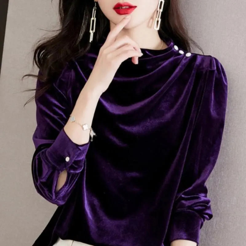 French Style Vintage Half High Collar Blouse Women\'s Clothing Basic Solid Color Autumn Winter Velvet Fashion Folds Button Shirt