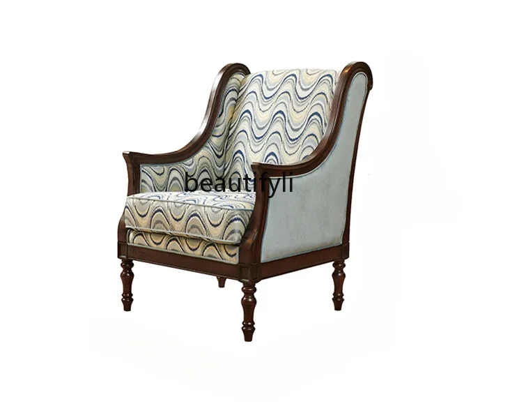 

V American Wooden Lounge Chair Simple Cloth Retro Living Room Bedroom High Backrest Couch
