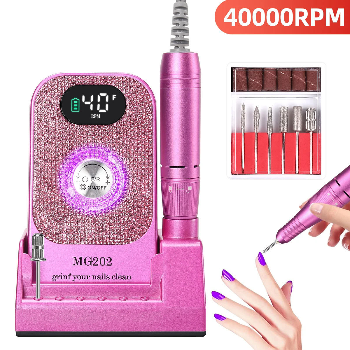 40000RPM Nail Drill Machine With Base Rechargeable Electric Nail Sander With 6 Drill Bits For Acrylic Gel Nails Salon Tools