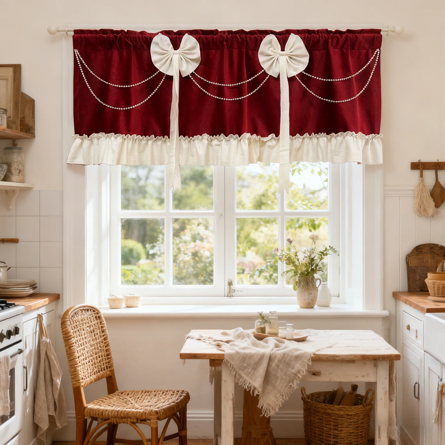 1PC Classic Dutch Red Velvet Bow Short Curtain for Small Window Study Entrance Cafe Home Decoration Blinds #E