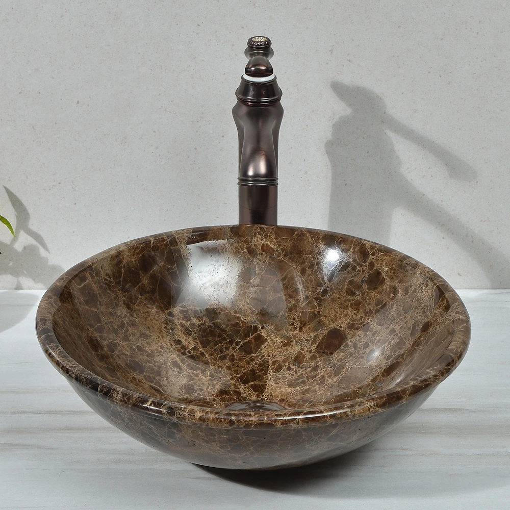 Hot Selling in the Middle East Dark Emprador Wash Basin Natural Marble Stone Sink Round Shape Countertop Art Basin with Flanging