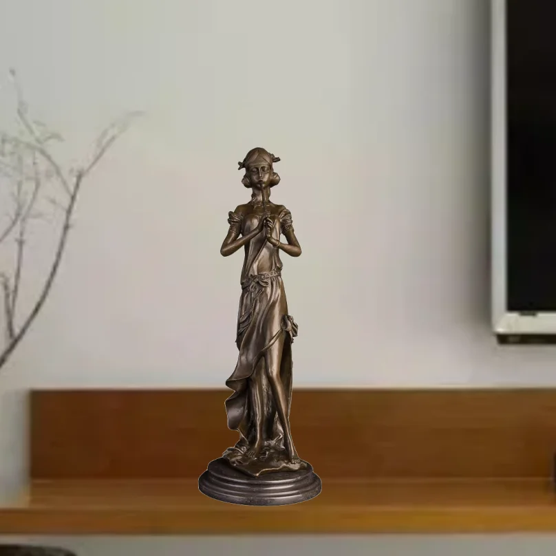 QW-116 Handmade Bronze Young Girl with long Flute Statues Modern Female Musical Instruments Sculptures Figurine for Home