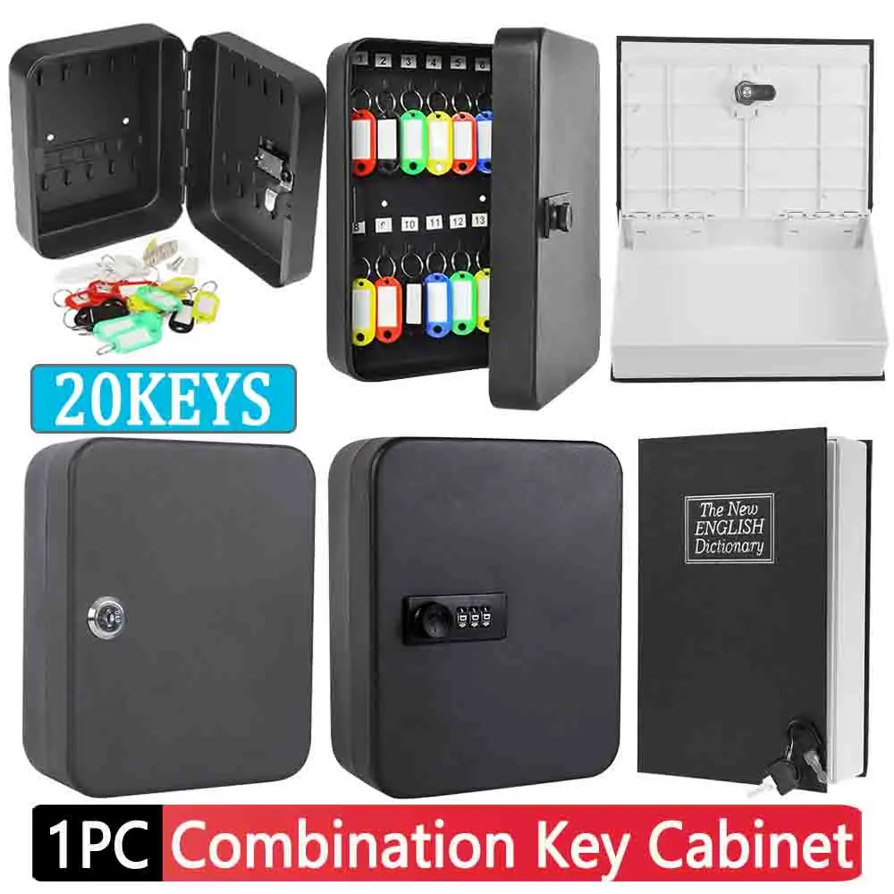 Combination Key Cabinet 20 Key Hooks Key Box Wall Mounted with Key/Code Lock Key Storage Lock Box Key Cabinet Security Lock Box