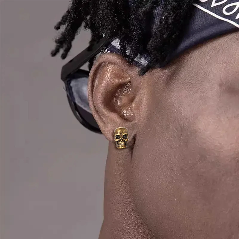 Unisex Yellow Gold Skull Earring