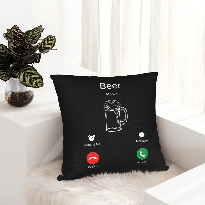 Funny Beer Lover Pillowcase, Incoming Call Design Cushion Cover, Novelty Alcohol Quote Home Decor Black Square Throw Pillow Case