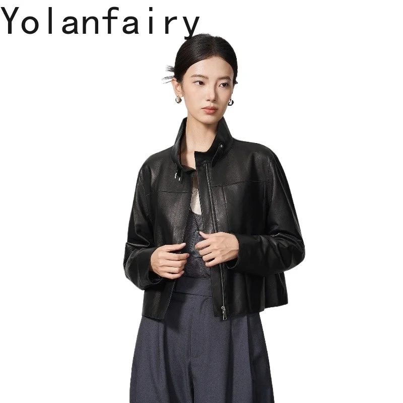 YOLANFAIRY 2026 Chaqueta Corta de Piel de Oveja 100% Genuina para Mujer, Abrigo de Cuero Real de Alta Gama con Cuello Alto, Abrigo Negro, casaco feminino
