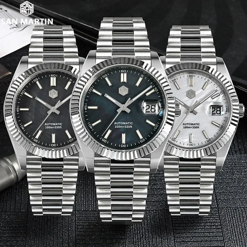 

San Martin SN0059-G V2 Men Watch 40mm Vintage MOP Dial Retro Sapphire PT5000 Automatic Mechanical Carving Fluted Bezel 10Bar