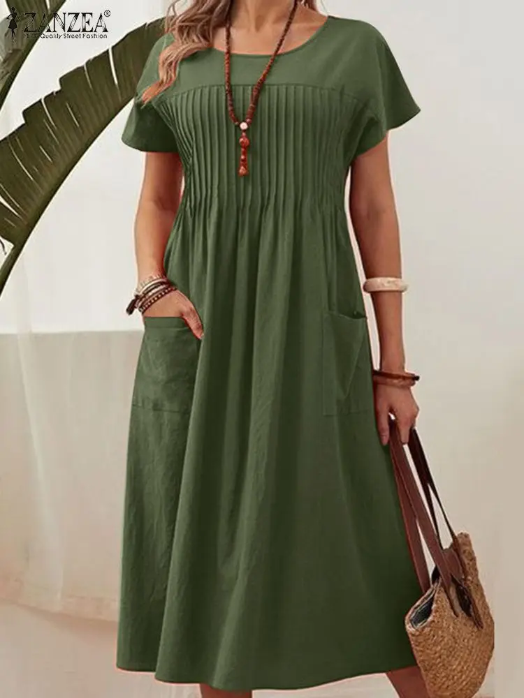 Elegant Summer Sundress ZANZEA Fashion O-Neck Short Sleeve Dress Women's Dresses 2023 Retro Pleated Trim Kaftan Vestidos Robe