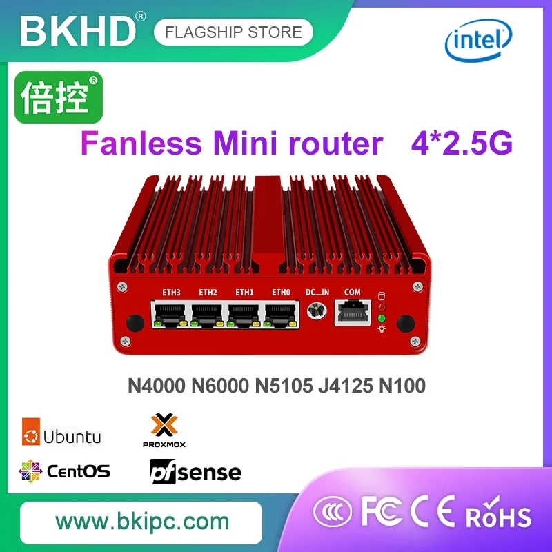 BKHD Red Network Appliance 4*2.5G Embased N4000 J4125 N5105 N100 N6000 Брандмауэр, совместимый с маршрутизатором Pfsense Proxmox ESXi VLA