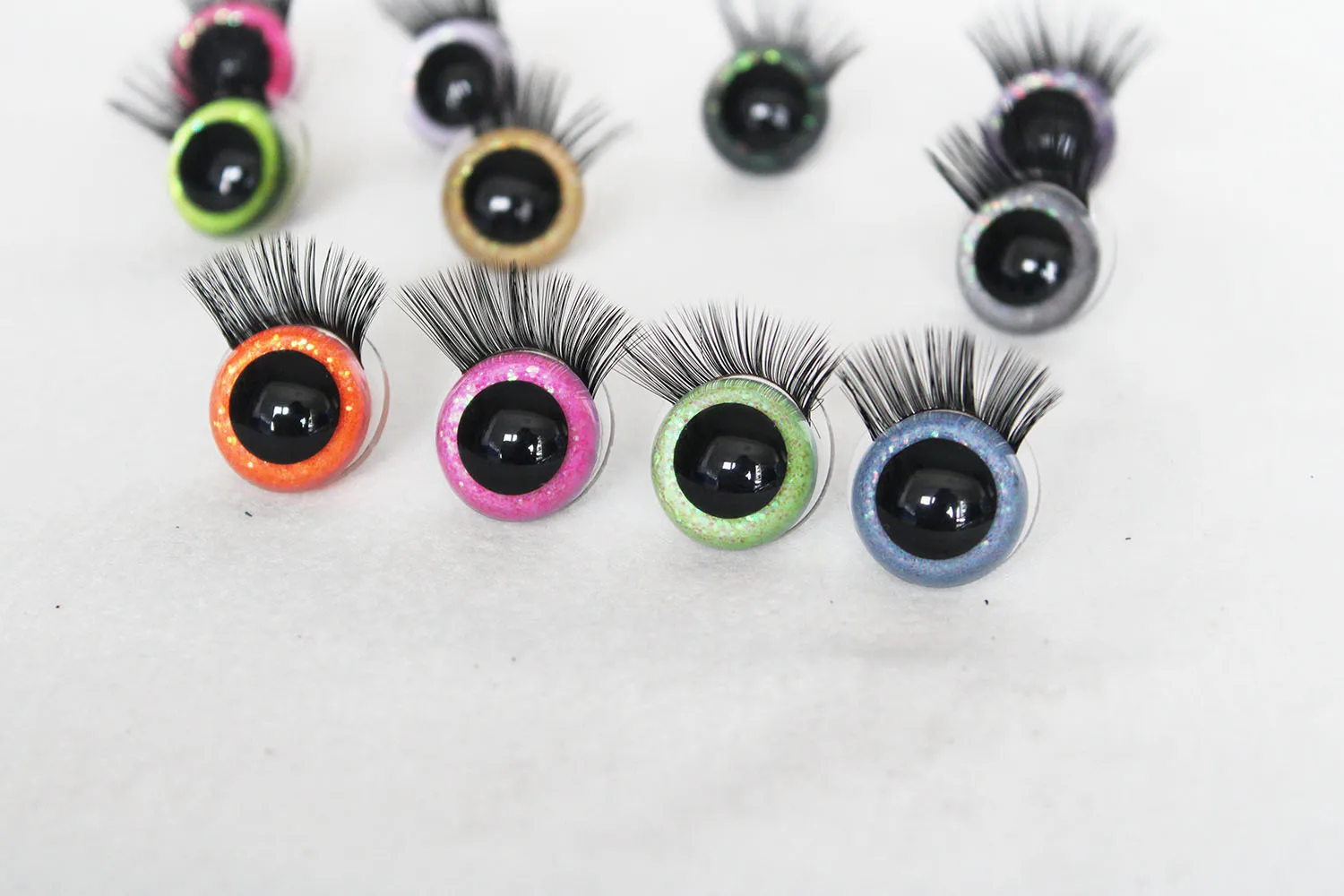 100pcs  new  eyes 9mm to 22mm round clear toy safety glitter eyes with black eyelash tray with handpress washer C11