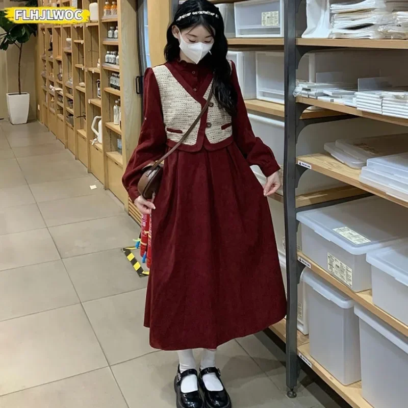 New Year Art Mori Girls Long Dress Autumn Winter Retro Vintage Japan Style Cute Sweet Y2K Fake Two Piece Design Corduroy Dress