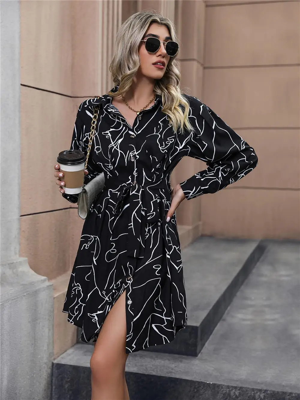 FICUSRONG Women Autumn Winter Fashion Long Sleeve Print Elegant V-neck Casual A-Line Knee-Length High Waist Dress