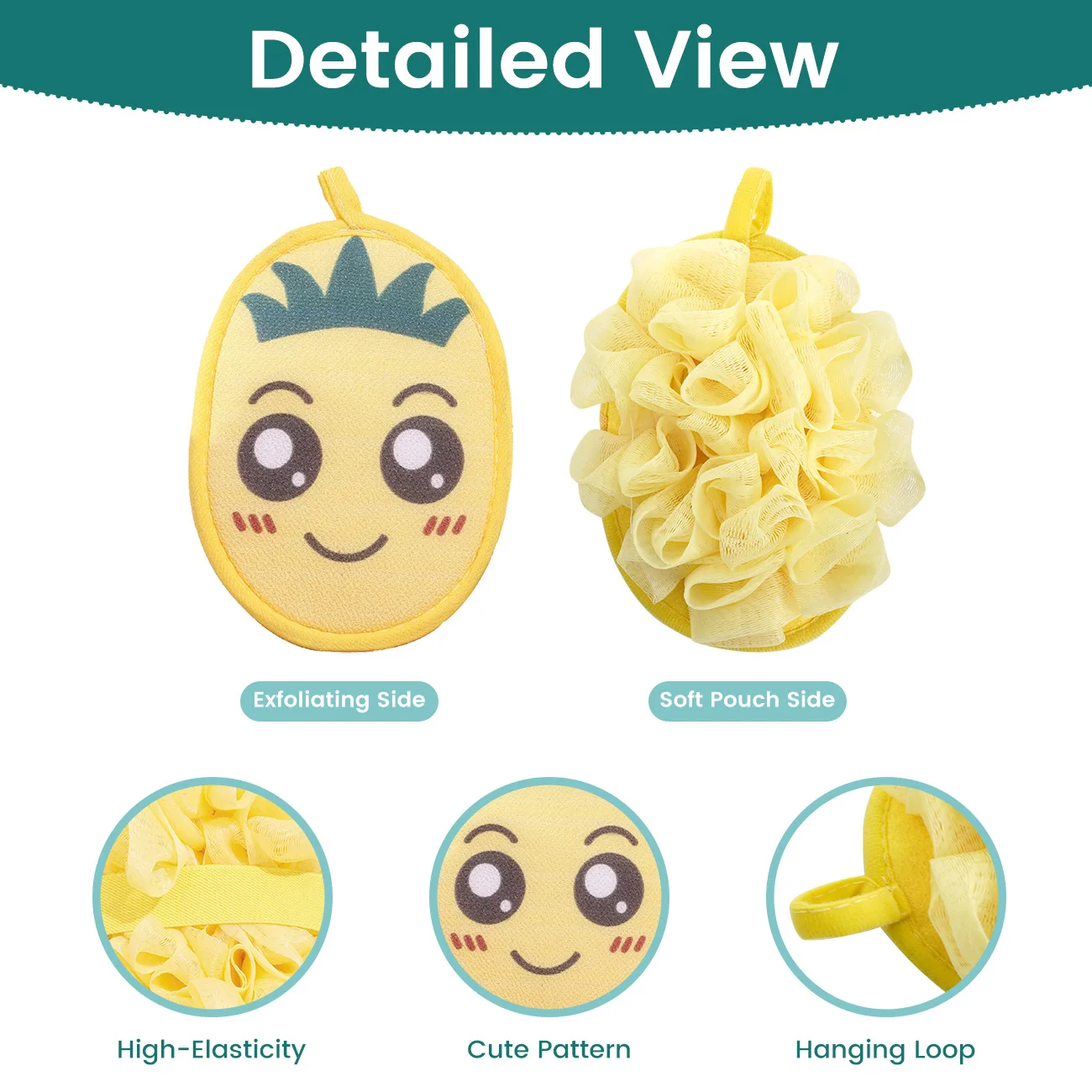 2-in-1 Cartoon Baby Bath Pouf, Double-sided Bath Flower & Exfoliating Scrub Cloth, Quick Foaming Skin-Friendly Shower Mitt, Cute Animal Design Bath Tool for Kids