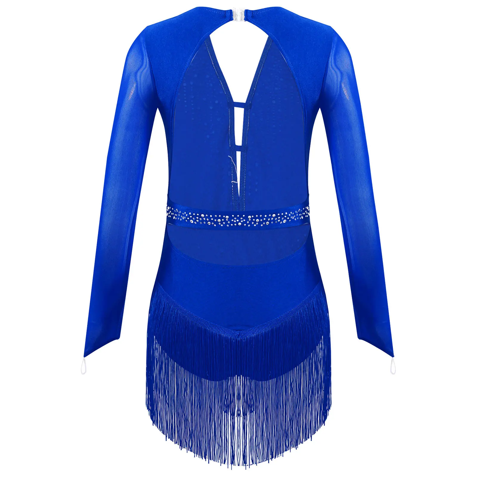 Kids Girls Fringe Latin Dance Leotard Dress Long Sleeve Sparkly Rhinestones Cha Cha Tango Jazz Ballroom Performance Dancewear