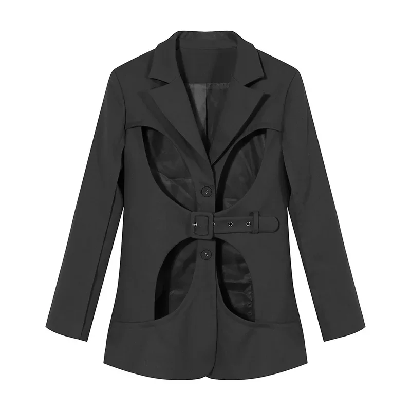 Ladies Women Suit Blazer Jacket With Belt Sexy Hollow Female Business Work Wear Long Sleeve 1 Piece Coat