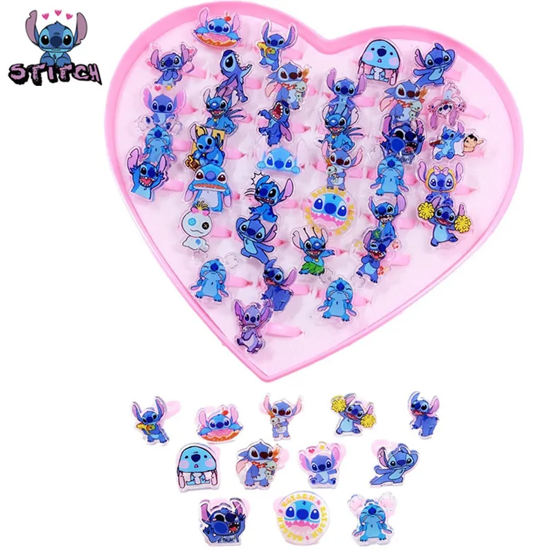 Set de 10/20/30/50/100 Anillos de Anime Stitch, Anillos Acrílicos Kawaii de Lilo y Stitch para Niños, Accesorios de Dibujos Animados, Juguetes, Regalos de Navidad para Niños
