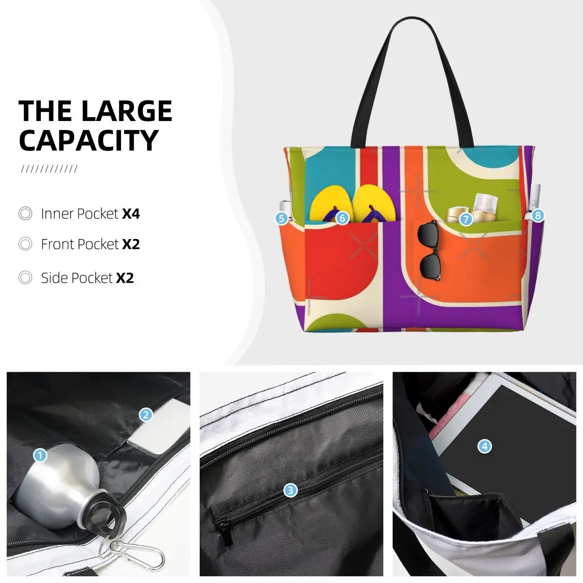 Borsa da viaggio da spiaggia con Design geometrico retrò, borsa a tracolla retrò di grande capacità con motivo Multi-stile