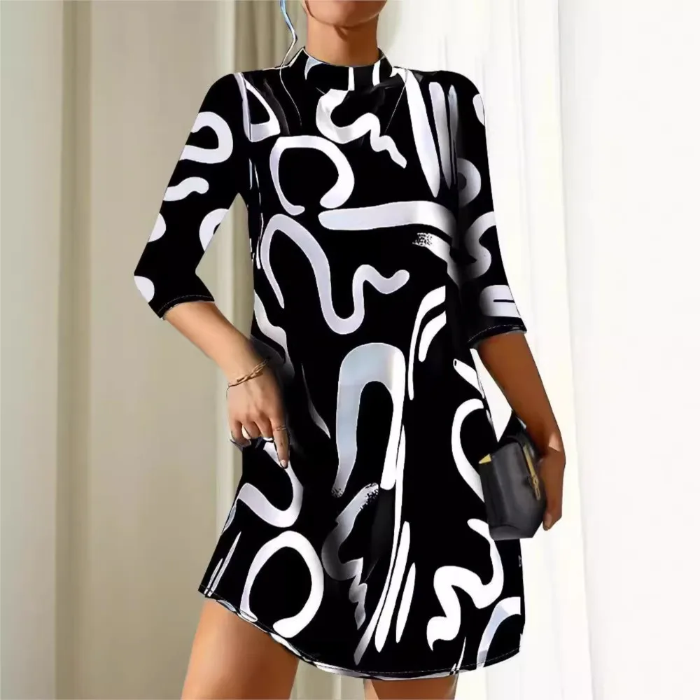 

Elegant Round Necked Three Quarter Sleeve Top A-Line Dress Autumn New Fashionable Printed Dress For Women Vestidos De Mujer 2024