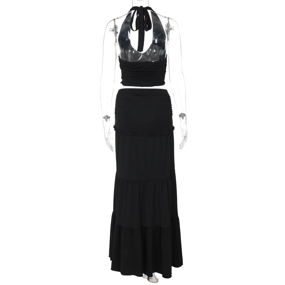 Feminino sólido babados ruched 2 peça conjunto com decote em v rendas até halter sem costas tanque colheita topos + a linha saias longas roupas de férias terno