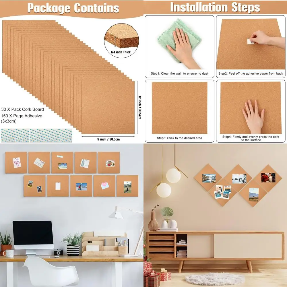 

12 x 12 Self-Adhesive Square Cork Board Tiles, 1/4 Thick, 30-Pack for Wall Decor, Office, School, Home
