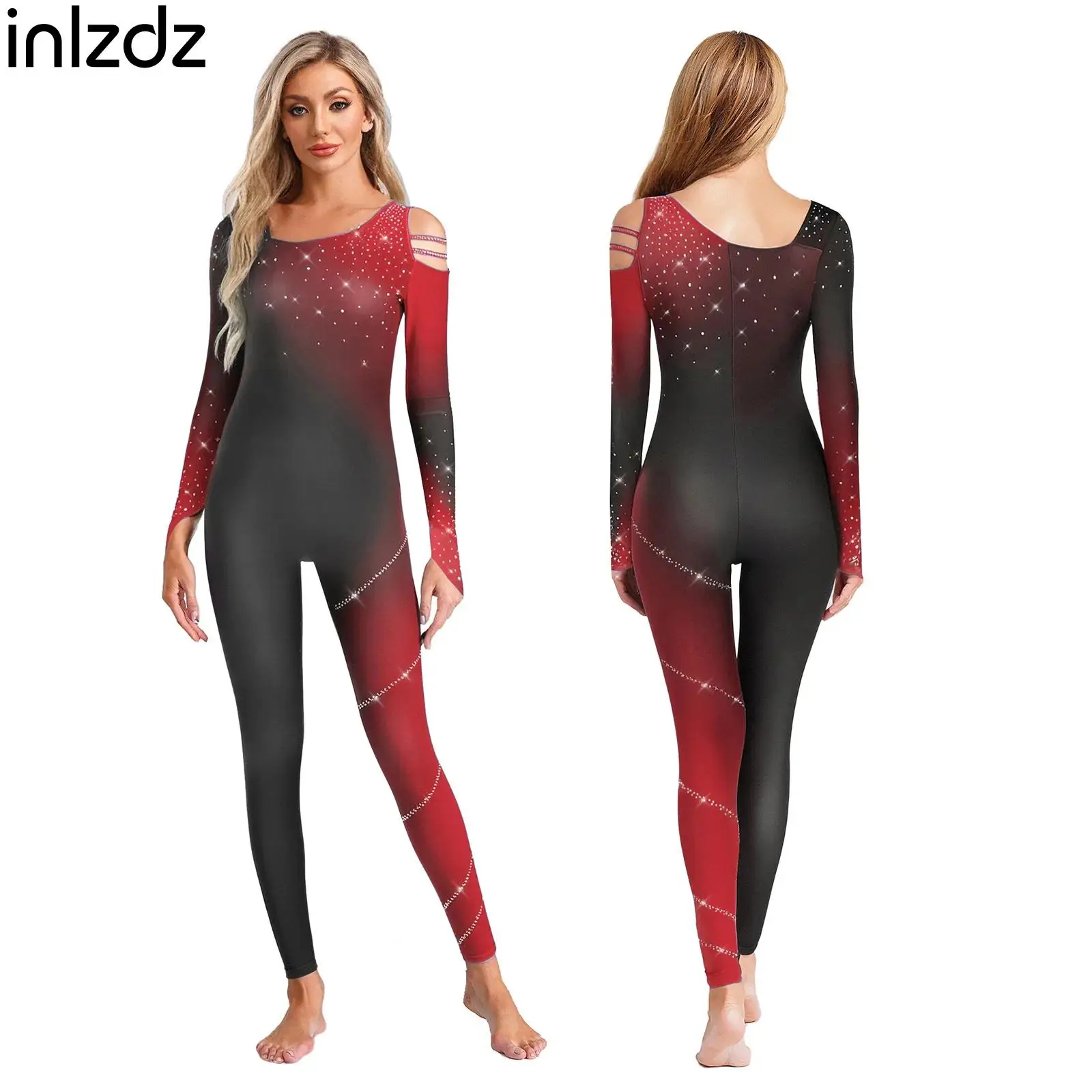

Womens Gradient Color Block Glittery Rhinestone Jumpsuit Unitard Gymnastics Figure Skating ballet Dance Performance Costumes