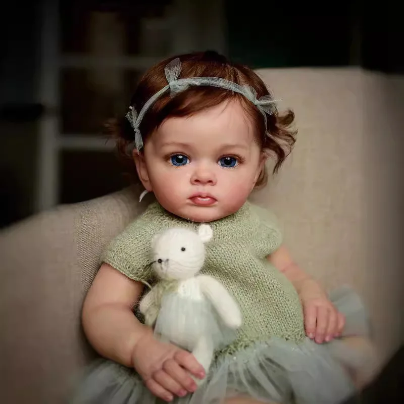 

24 Inch Vinyl Reborn Doll, Collectible Edition, Green Dress with Exquisite Blue Eyes & Brown Hair, Poseable Doll for Kids