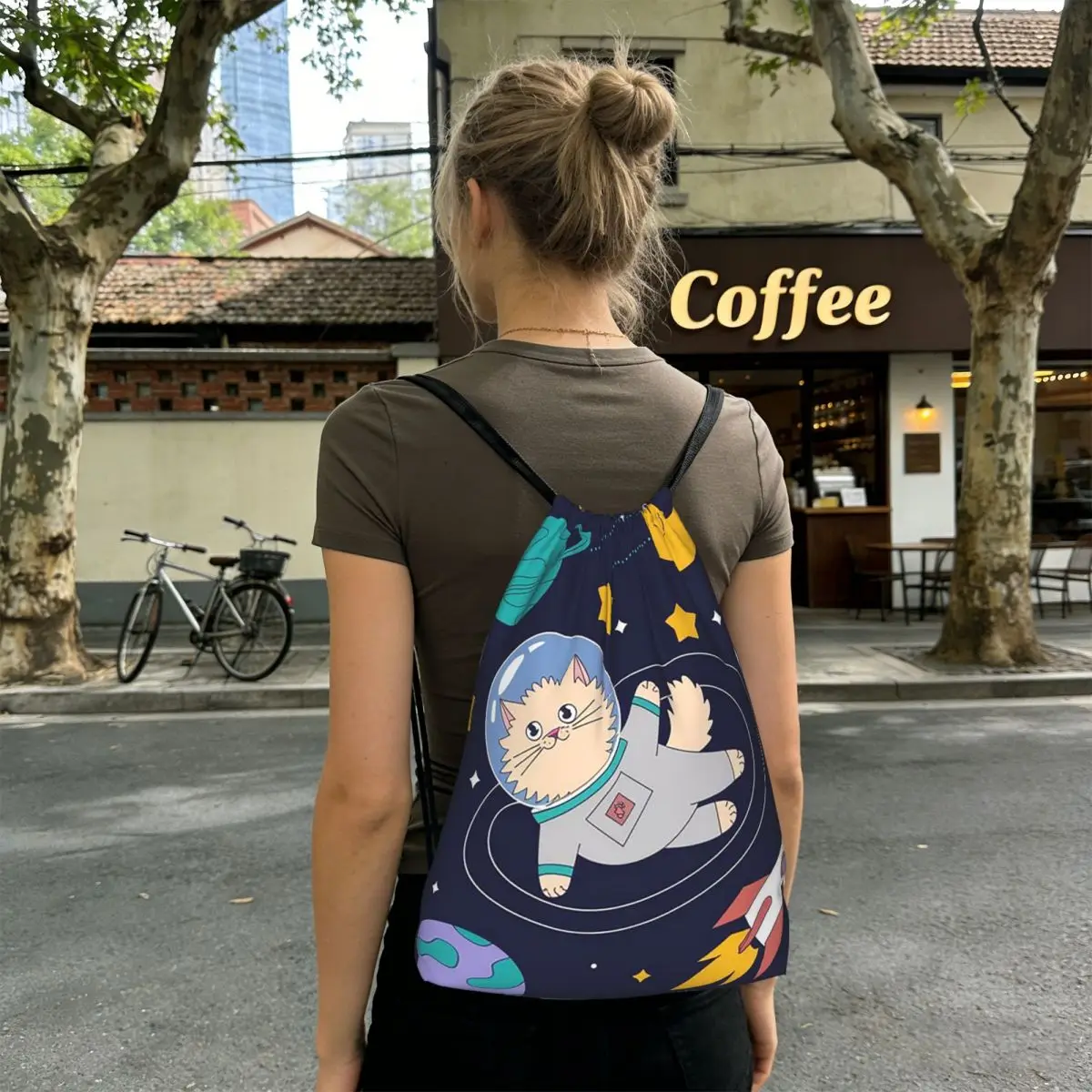 Blue Cute Kitten Astronaut In Space Backpacks Casual Drawstring Bags Shoes Bag Book Bags for Travel School