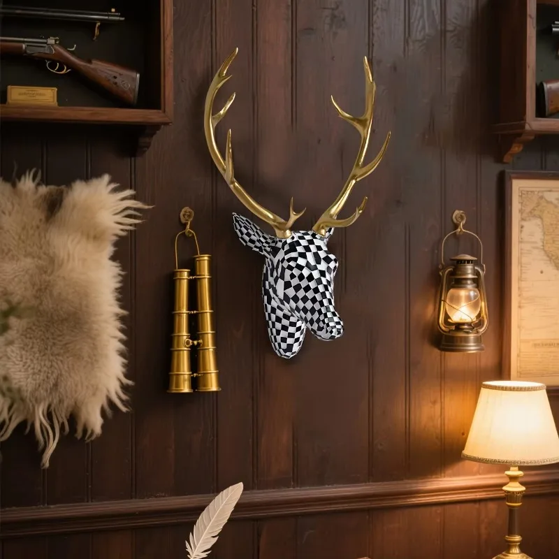 Mosaic Deer Head Wall Art - Resin Sculpture with Black & White Checkered Pattern, Golden Antlers, Perfect for Living Room Office