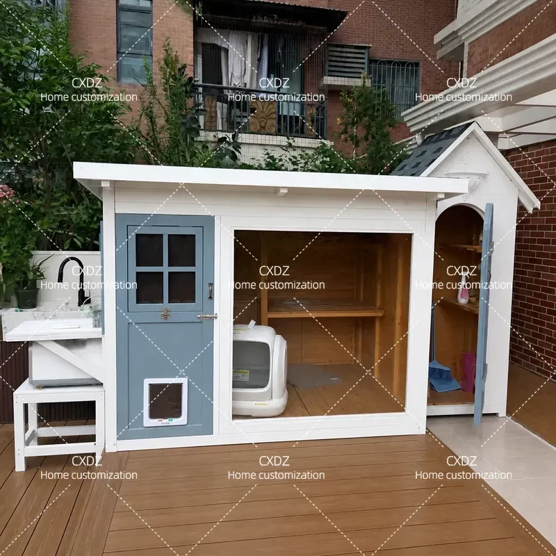 Customized Solid Wood Cat Villa Outdoor Weatherproof Kennel Rain Sun Protection Four Seasons Universal Warm House for Cats