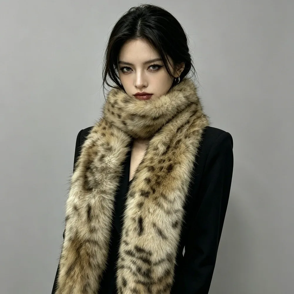 Faux Mink Leopard Print Scarf Fluffy Texture Thick Fabric Faux Fur Shawl Soft Touch Elegant Design Mink Neck Warmer Men