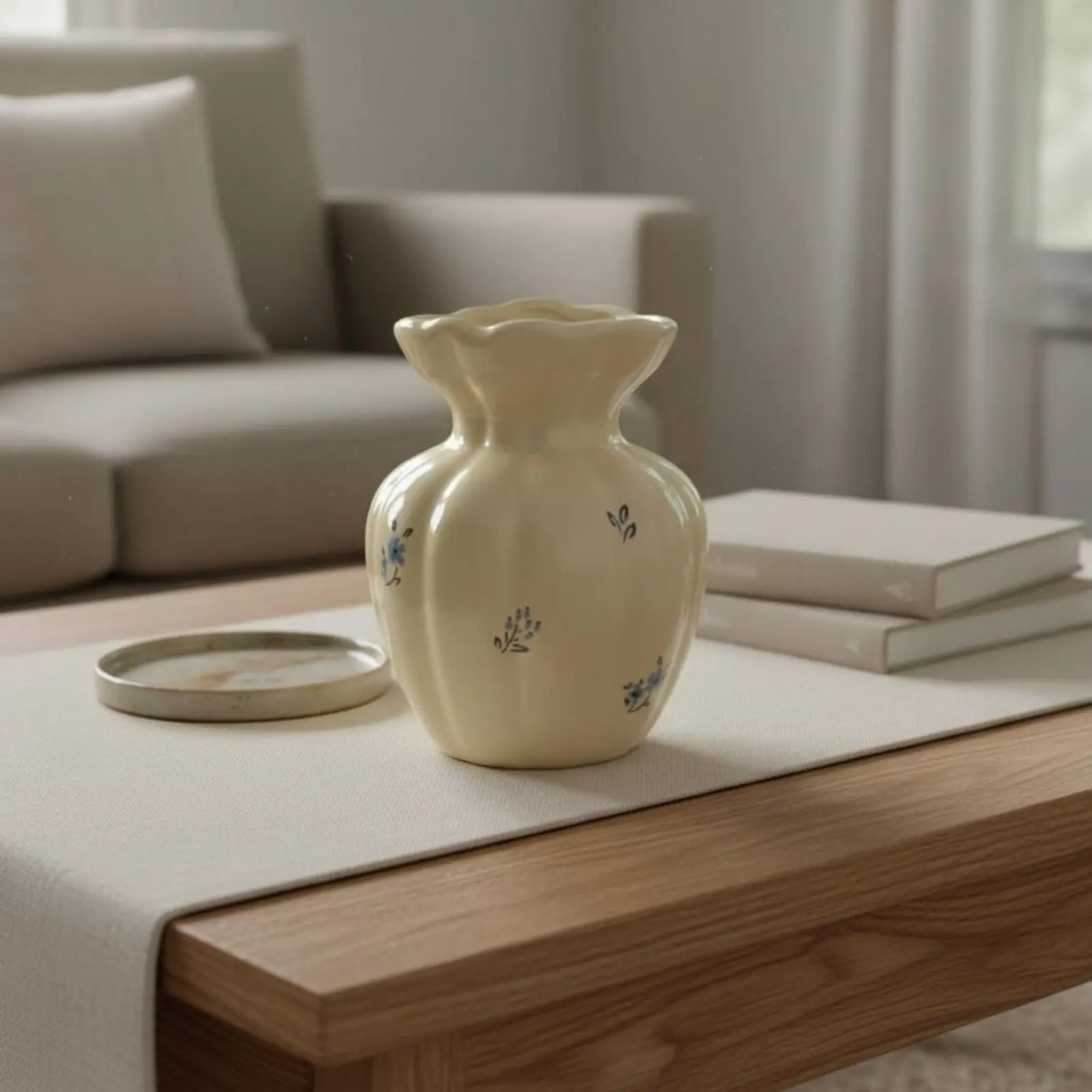 Ruffled Ceramic Vase Shiny Glaze Finish Countertop Centerpiece House Decoration Hydroponic Suitable for Dining Table, Bedroom