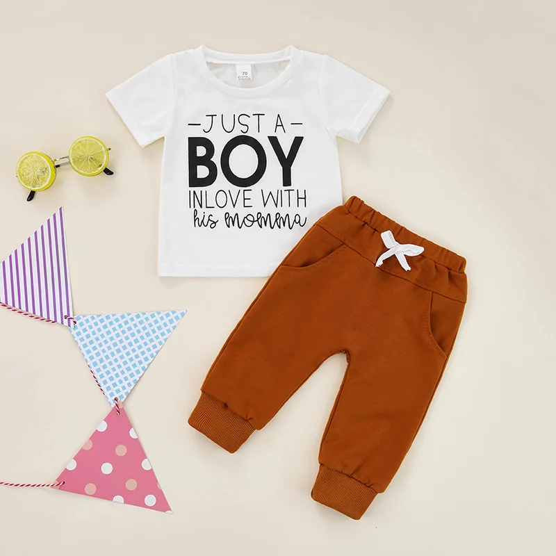 Infant Outfit Set Cute Short Sleeve Tee with Round Neck and Printed Letters Matching Drawstring Pants for Summer 2 Piece Set