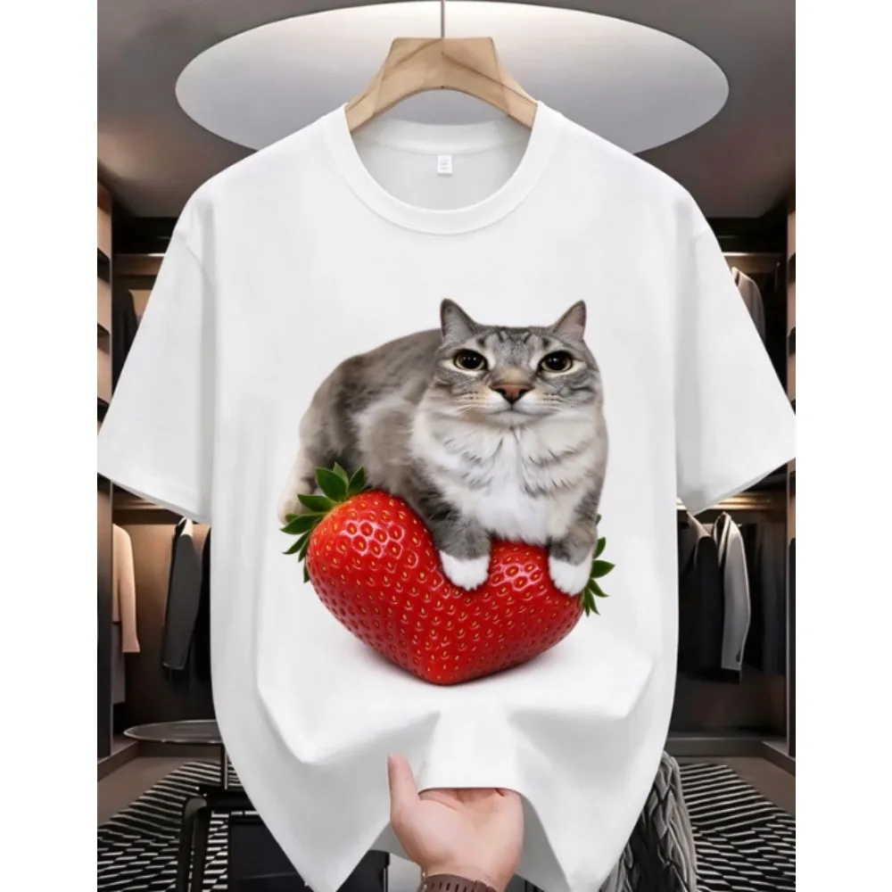 Men's Novelty Fruit Cat Graphic Tee, Cute Grey Cat On Avocado Lemon Peach Mango Orange Print Cotton Short Sleeve T Shirt